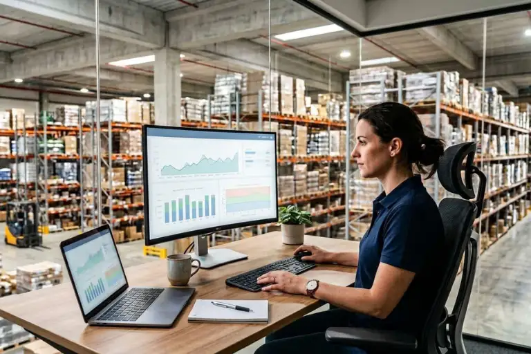 Warehouse manager using an inventory management system to determine the right inventory reorder point and prevent stock shortages