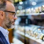 Professional jewellery inventory manager reviewing high-value stock and inventory records in a secure showroom