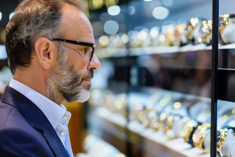 Professional jewellery inventory manager reviewing high-value stock and inventory records in a secure showroom