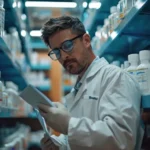 Pharmaceutical warehouse staff managing medicine inventory using batch tracking and expiry management software