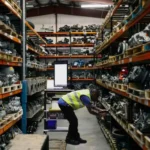 Warehouse manager monitoring automobile spare parts inventory using a digital inventory management system to balance stock availability and prevent overstocking.